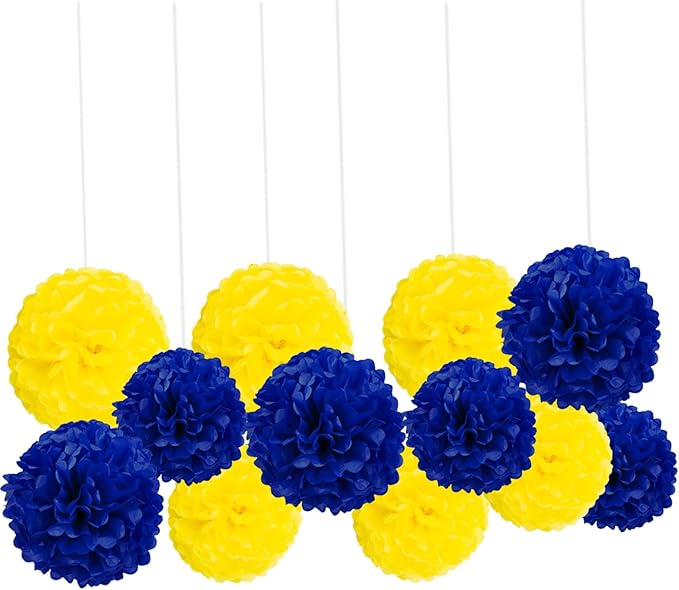 We Moment Navy Blue and Yellow Paper Pom Poms for Wedding Birthday Party Ceiling Wall Hanging Tissue Flowers Blue Yellow Decorations 12pcs