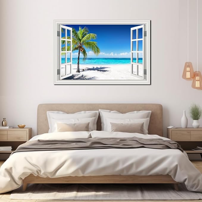 Ocean Wall Art Beach Picture for Living Room White Window Frame Style Palm Tree Art Print on Canvas Large Blue Sea View Painting Artwork for Bedroom Home Office Decoration, Ready to Hang(32"×48")