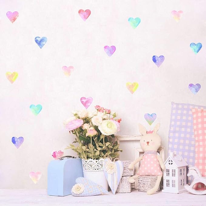 Colorful Heart Wall Decals Watercolor Hearts Wall Stickers Heart Wall Decals for Girls Bedroom Nursery Kids Room Decor