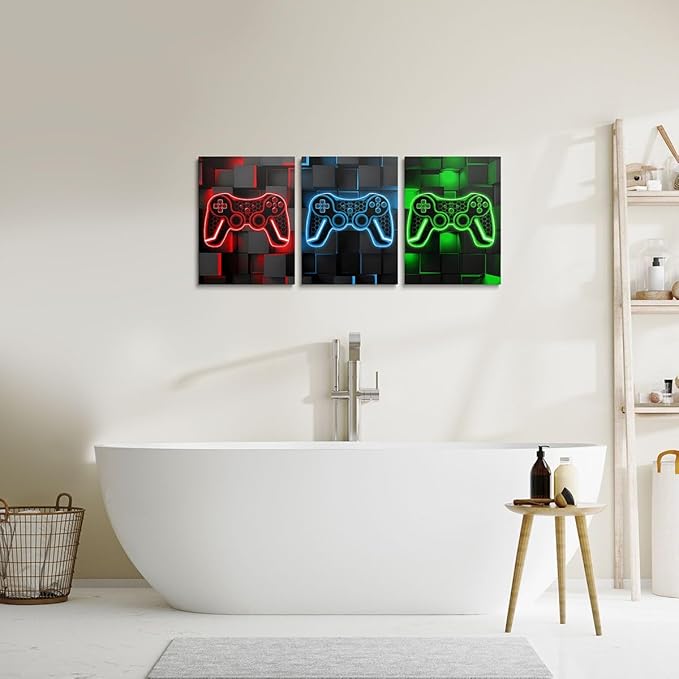 Feelyou Gamer Canvas Wall Art for Living Room 12"x16" 3 Piece Red and Black Picture Wall Decor Green Gaming Ombre Office Wall Decorations Artwork Posters Blue Geometric Square Wall Painting