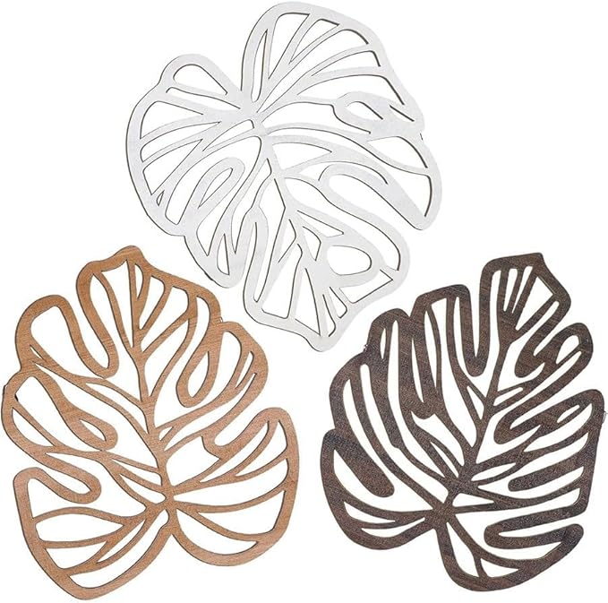 Palm Leaves Wood Wall Decor , 3Pcs Tropical Wall Art Jungle Decor, Wooden Natural Leaves Plant Wall Decor, Vintage Tropical Plant Plaque for Home Living Room Kitchen Bedroom Bathroom & Garden, Vintage Brown