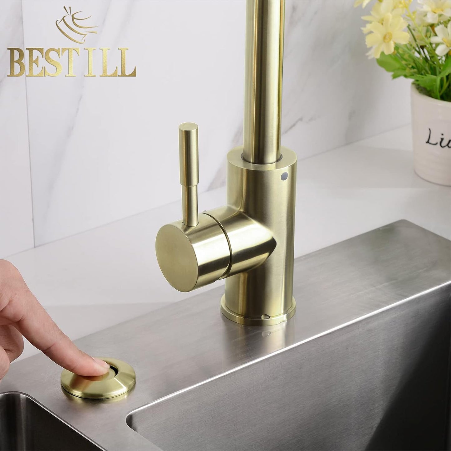 BESTILL Garbage Disposal Air Switch Kit - UL Listed, Cordless Sink Top Switch Button for Waste Disposer, 3.6" Long Push Button with Brass Cover, Brushed Gold, Compatible with all Garbage Disposals