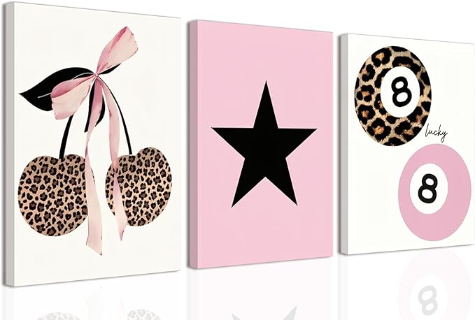 Trendy Pink Leopard Bow Canvas Wall Art Set of 3 Funky Cherry Lucky 8 Ball Posters Prints Wall Decor Cute Coquette Preppy Aesthetic Pictures for Girls Bedroom Dorm Apartment 16x24 In Framed