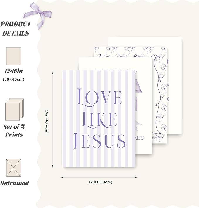 LARTSFRO Coquette Purple Bow Jesus Wall Art Decor Posters, Purple Bow Christian Room Bedroom Bathroom Dorm Wall Art Decor Aesthetic for Teen Girls Gifts, Inspirational Bible Verses Bow Wall Decor, 12x16 Inch Set of 4 Bow Pictures (UNFRAMED)
