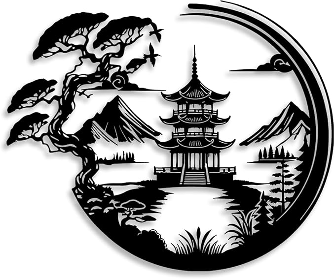 LIYOUYA Bonsai Tree Torii Gate Metal Wall Decor - Japanese Style Room Decor Black Wall Art Home Decor for Living Room, Bedroom, Dining Room (Black)