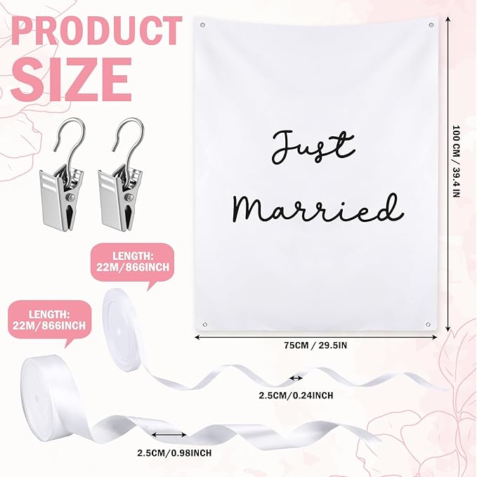 Oudain 29x39 Inch Just Married Burlap Banner, Wedding Fabric Backdrop with Ribbons and Hooks, Rustic Boho Photo Props Sign for Wedding Marriage Party Indoor Outdoor Wall Hanging Decoration
