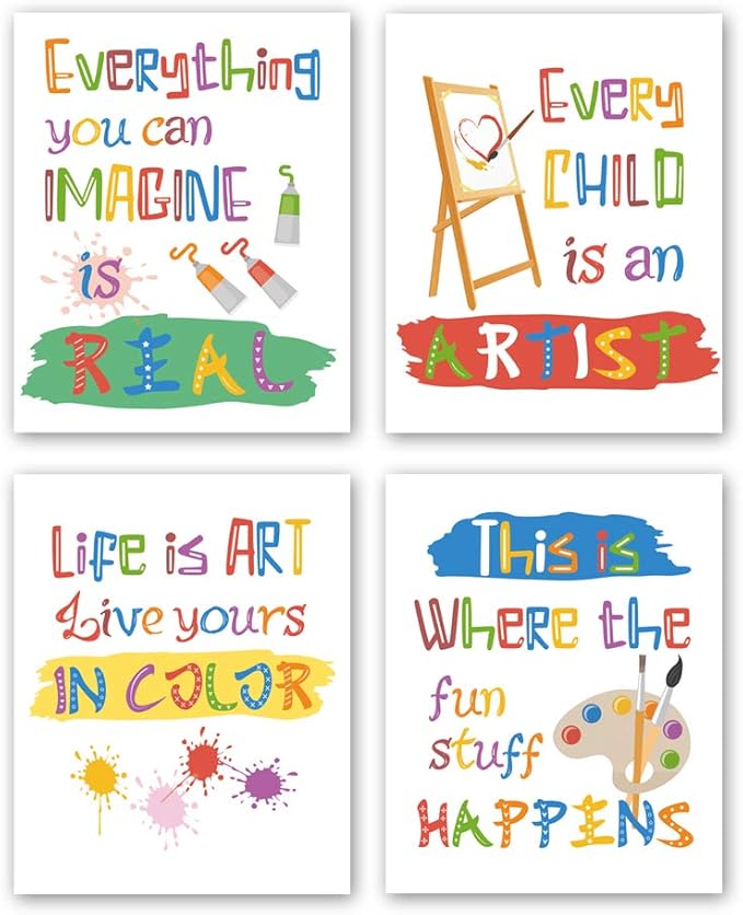 CHDITB Unframed Colorful Art Print Inspirational Quotes&Saying Painting Watercolor Words Wall Art,Set of 4（8’’x10’’） Canvas Ink Splatter Palette Picture for Study Kids Room Classroom Decor