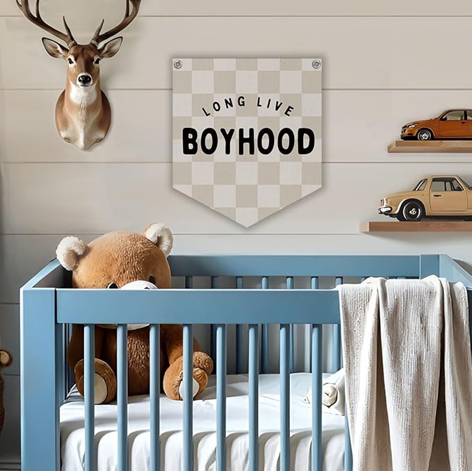 Lacama Long Live Boyhood Banner Boys Room Decor, Boy Nursery Decor, Brown Checkered Linen Banner Wall Hanging Banner Flag for Boys Bedroom Decor Toddler Boy Room Nursery 12x14 lnch
