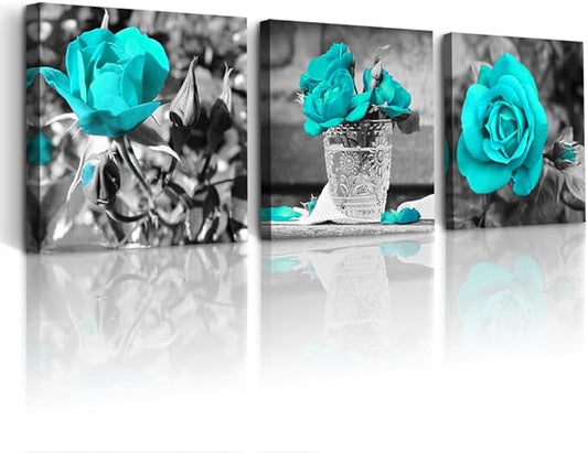 DZRWUBHS Large Wall Art For Living Room 3 Piece Wall Decor For Bedroom Black And White Paintings Flowers Pictures Blue Rose Boho Office Wall Art Prints Ready To Hang Room For Girls Home Decoration