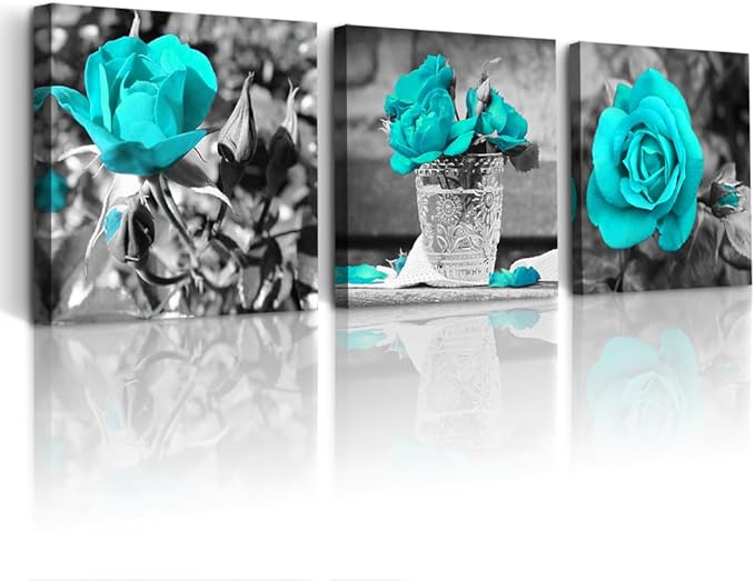 DZRWUBHS Large Canvas Wall Art For Bedroom 3 Piece Wall Decor For Living Room Black And White Paintings Flowers Pictures Blue Rose Canvas Prints Ready To Hang Room For Girls Home Decoration 16x16in