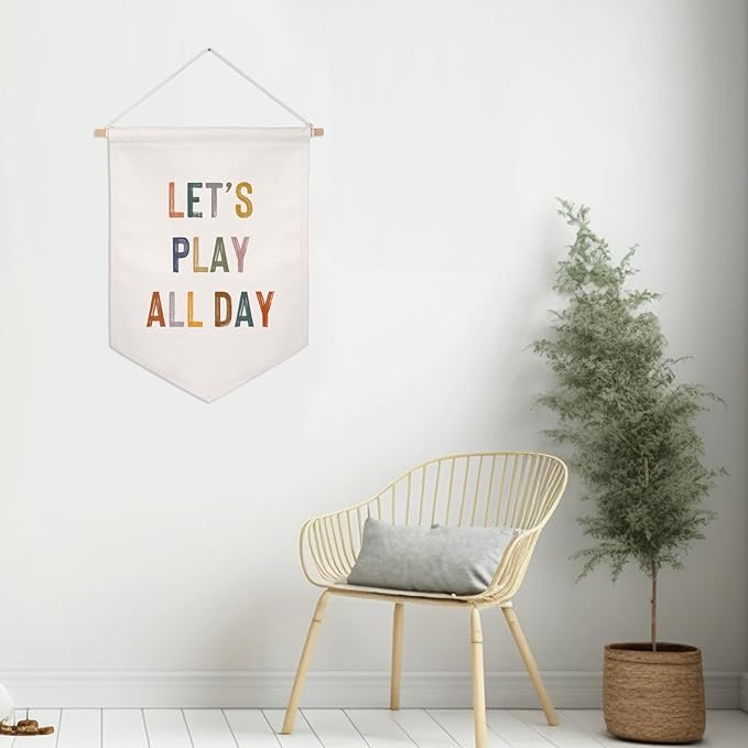 ZEARPT Let's Play All Day Flag Pennant Banner, Boho Nursery, Playroom Wall Hanging, 12.5 x 18 inches, Neutral Kids Decor