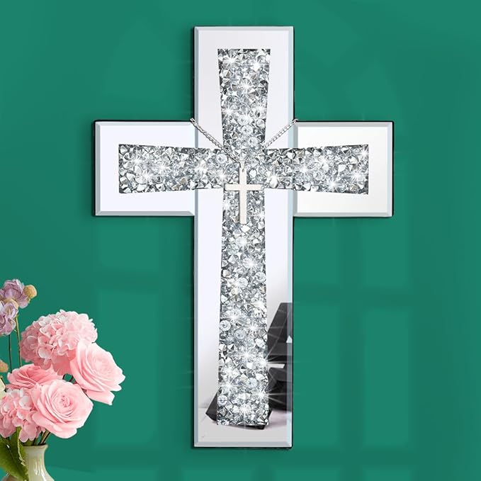 Cross Wall Decor, Silver Mirrored Cross for Living Room, Crystal Crush Diamond Mirror Crosses, Religious Wall Art, Home Decor