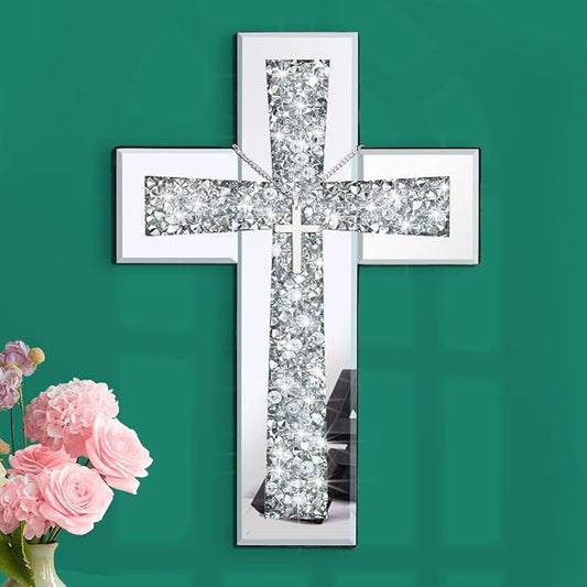 Cross Wall Decor, Silver Mirrored Cross for Living Room, Crystal Crush Diamond Mirror Crosses, Religious Wall Art, Home Decor
