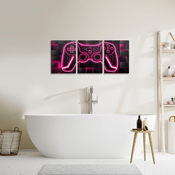 Feelyou Gamer Canvas Wall Art for Living Room 12"x16" 3 Piece Rose Red and Black Picture Wall Decor Gaming Ombre Office Wall Decorations Artwork Posters Geometric Square Wall Painting