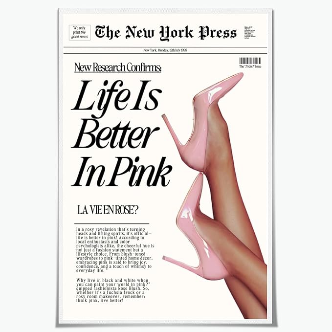 Trendy Baby Pink Poster 70s Canvas Prints The New York Press Wall Art Life Is Better in Pink Hot Girl Posters Preppy Aesthetic Decor Bedroom for Cool Girly Room Home Dorm 24x36inch Unframed