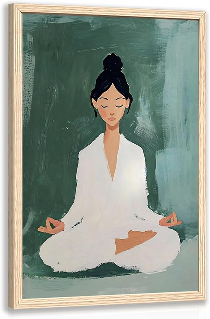 GELDSTEI Wood Framed Zen Wall Art, Tranquil Meditation Wall Decor, Yoga Girl Canvas Painting, Spiritual Aesthetic Picture, Calming Mindfulness Poster Print for Living Room Spa Yoga Studio 16x24 Inch