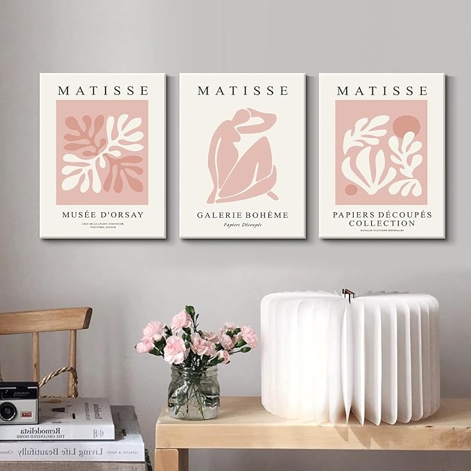 Djmwtb Matisse Abstract Canvas Wall Art Framed Set of 3 Pink Flower Market Poster Prints Modern Aesthetic Pictures Minimalist Wall Decor Painting for Living Room Bedroom Bathroom 16"x24"x3