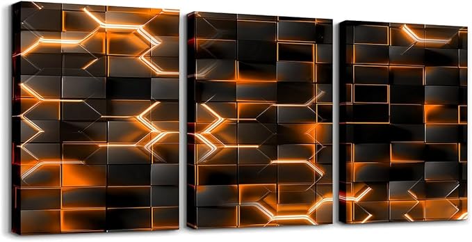 Feelyou Orange and Black Picture Wall Decor 12"x16" 3 Piece Honeycomb Canvas Wall Art Decor Hexagon Theme Office Decorations Artwork Posters Geometrical Beehive Painting