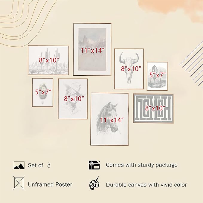 Western Decor Vintage Western Wall Art,Rustic Farmhouse Wall Decor Living Room,Vintage Cowboy & Cactus Sketch Art Prints,Neutral Tone Southwest Landscape & Animal Skull Artwork for Bedroom Bathroom Decorations,Unframed