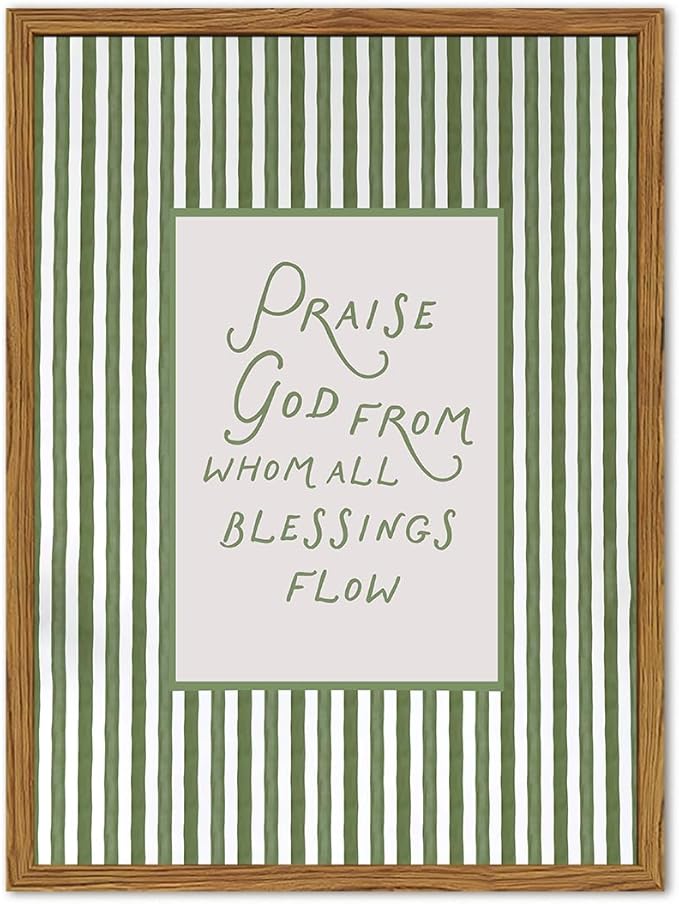 Framed Christian Wall Art, Praise God From Whom All Blessings Flow Scripture Pictures Wall Decor, Sage Green Striped Bible Verse Paintings Canvas Prints Religious Home Decor for Living Room 12x16 inch