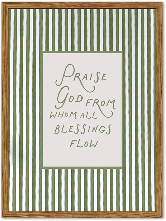 Framed Christian Wall Art, Praise God From Whom All Blessings Flow Scripture Pictures Wall Decor, Sage Green Striped Bible Verse Paintings Canvas Prints Religious Home Decor for Living Room 16x24 inch