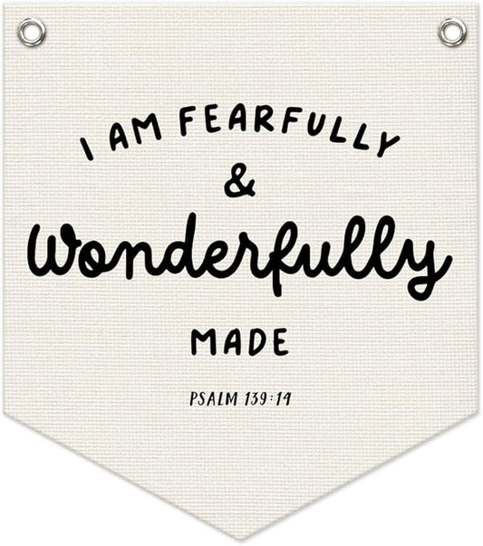 Bible Verse Banner – "I Am Fearfully and Wonderfully Made" Linen Wall Hanging, Religious Decor for Kids Room, Nursery, Classroom, 12.4x14 in