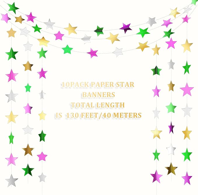 Patelai Glitter Star Garland Banner 2026 Graduation Decor 130 Feet Star Hanging Banner Twinkle Backdrop for Party Birthday Classroom Wedding Supplies(Green,Pink,Gold,Silver)