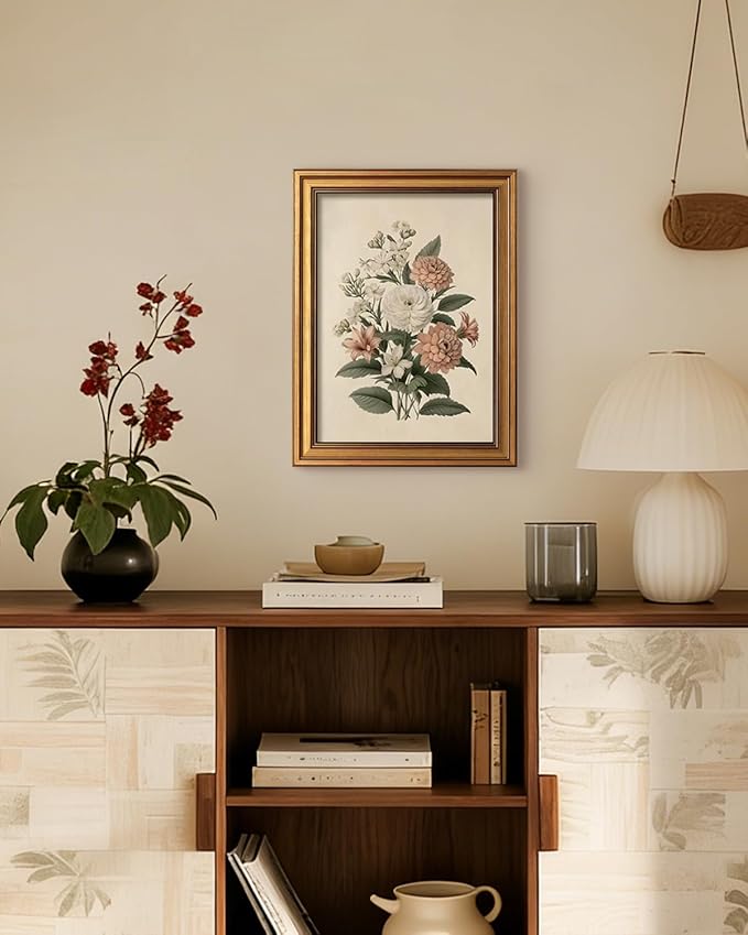 InSimSea Gold Framed Canvas Prints Wall Art, Vintage Colour Floral Prints Decor, Floral Botanical Paintings Farmhouse Wall Decor, Antique Pictures for Bedroom Living Room Shelf, 12x16inch