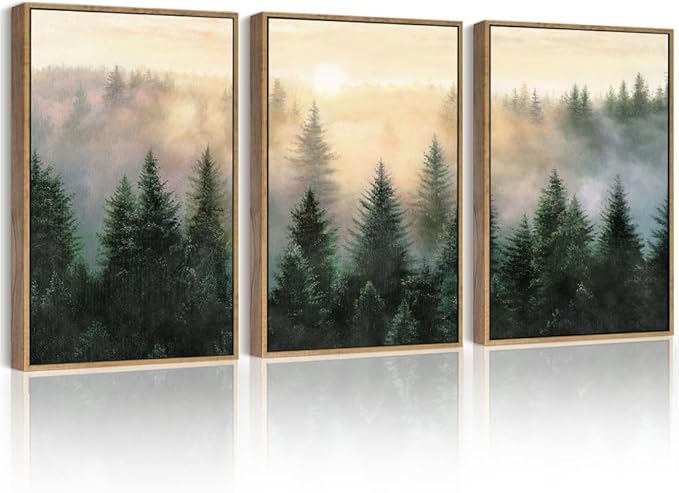 Drsoum Green Fog Pine Tree Landscape Wall Art Framed Nature Misty Nordic Forests Prints Morden Farmhouse Rustic Artwork Hallway Bedroom Ready to Hang 11x14in Natural Framed