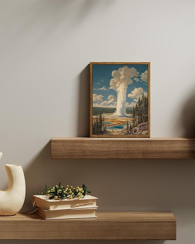 InSimSea Framed Canvas Wall Art, Vintage National Park Art for Living Room Hallway Shelf, 10x8in,Yellowstone Landscape Watercolor Painting, Rustic Farmhouse Cozy Mid Century Small Nature Decor