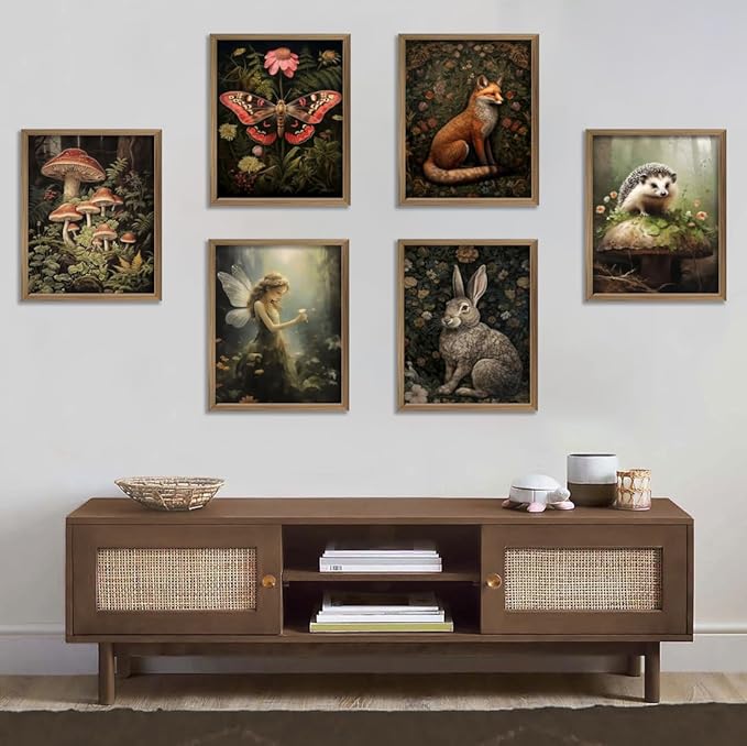 Dark Cottagecore Room Decor Aesthetic, Cottagecore Core Wall Decor, Forest Botanical Wall Art Canvas Prints, Fairycore Decor, Nature Mushroom Posters Vintage Animal Pictures for Bedroom, UNFRAMED