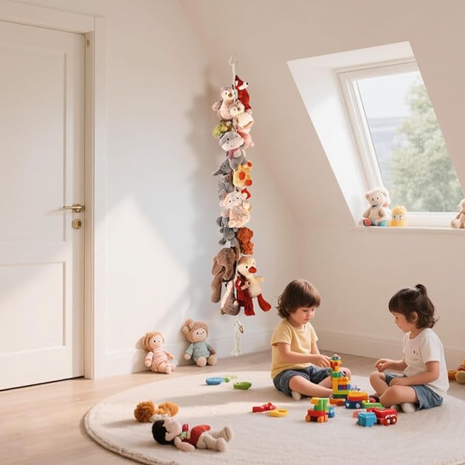 1/2 pcs 80" Cotton Hanging Storage Chain For Stuffed Animals Storage with 20 Metal Clips, Stuffed Animal Organizer Chain for Wall Corner Nursery Play Room, White