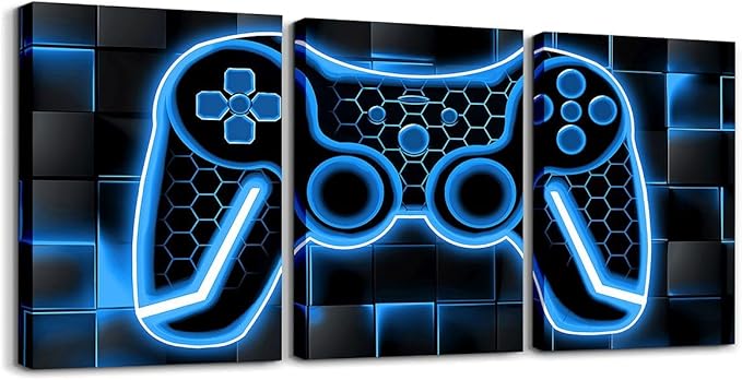 Feelyou Gamer Canvas Wall Art Gaming Bathroom Wall Art for Home Decor 12"x16" 3 Piece for Teens Bedroom Decor Lighting Honeycomb Office Wall Artwork Posters Blue and Black Geometric Wall Painting