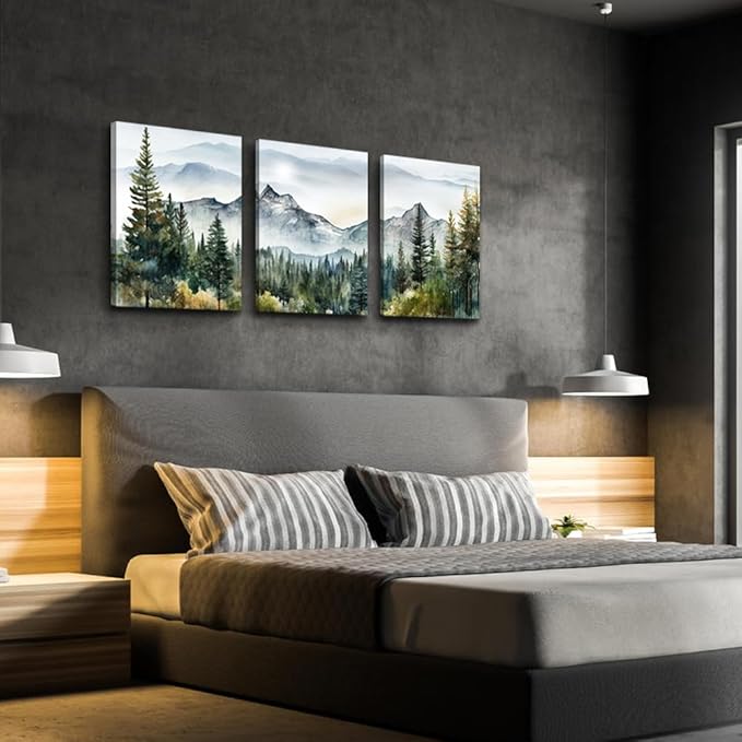 DZRWUBHS Wall Art for Living Room Wall Decor for Bedroom Office Decor Abstract Mountain Forest Landscapes Ink Painting 3 Piece Framed Canvas Art Prints Ready to Hang Wall Pictures Modern Home Decor