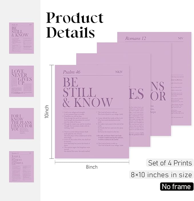 Locomiss Purple Christian Wall Art Decor, Modern Bible Verse Prints, Minimalist Jesus Scripture Wall Decor, Inspirational Bible Posters for Bedroom Office Living Room, Set of 4 (8x10 Unframed)