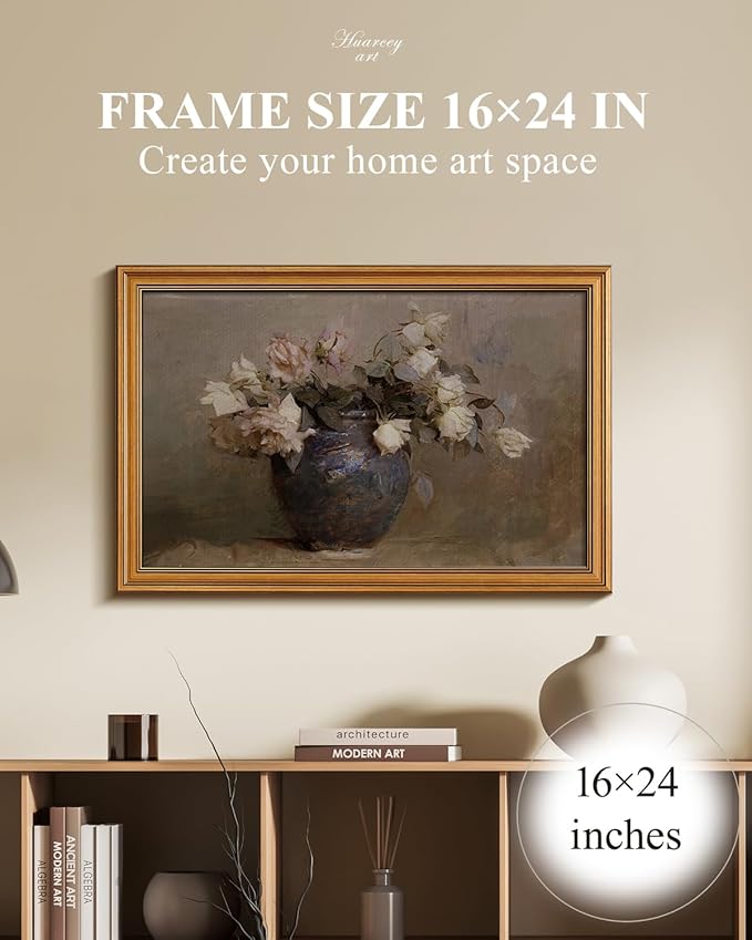 HUARCEY Gold Framed Canvas Wall Art Prints, Bathroom Vintage Decor Aesthetic, Classical Roses Floral Paintings Farmhouse Wall Decor, Large Retro Decoration for Bedroom Living Room, 16x24Inch