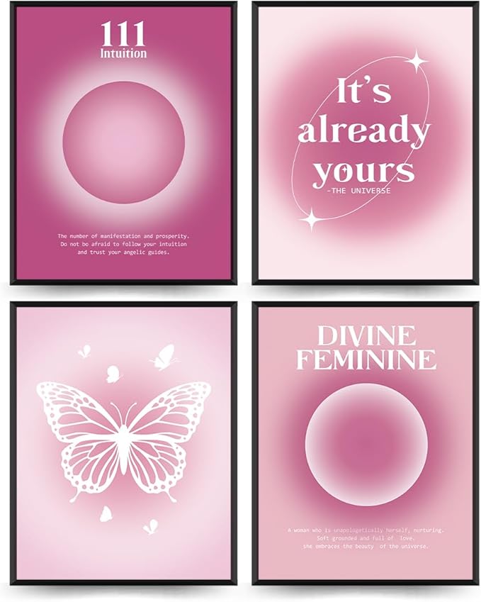 PLKMN Y2K Posters Set of 4, Pink Aura Energy Wall Decor, Gradient Feminine Art Prints for Girls Bedroom, Dorm Room Decoration, 8x10 Inch, Unframed