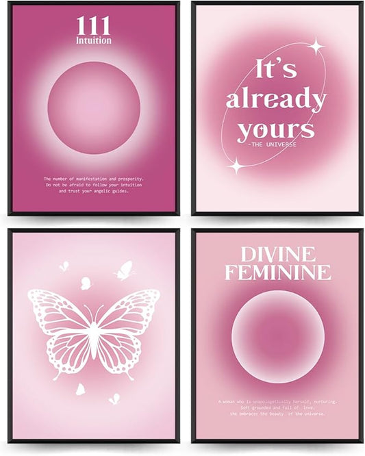PLKMN Y2K Posters Set of 4, Pink Aura Energy Wall Decor, Gradient Feminine Art Prints for Girls Bedroom, Dorm Room Decoration, 8x10 Inch, Unframed