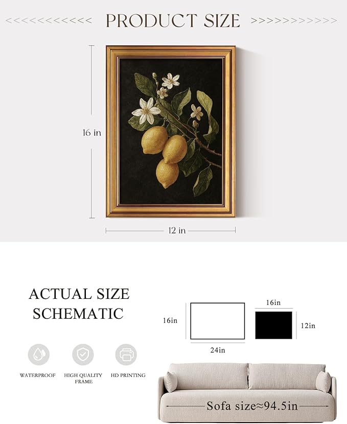 ARPEOTCY Gold Framed Canvas Art Prints,12x16inch, Lemon Botanical Art Painting, Vintage Still Life Decor for Kitchen Dining Room Bedroom Bathroom Shelf, Rustic Country Cottagecore Pictures