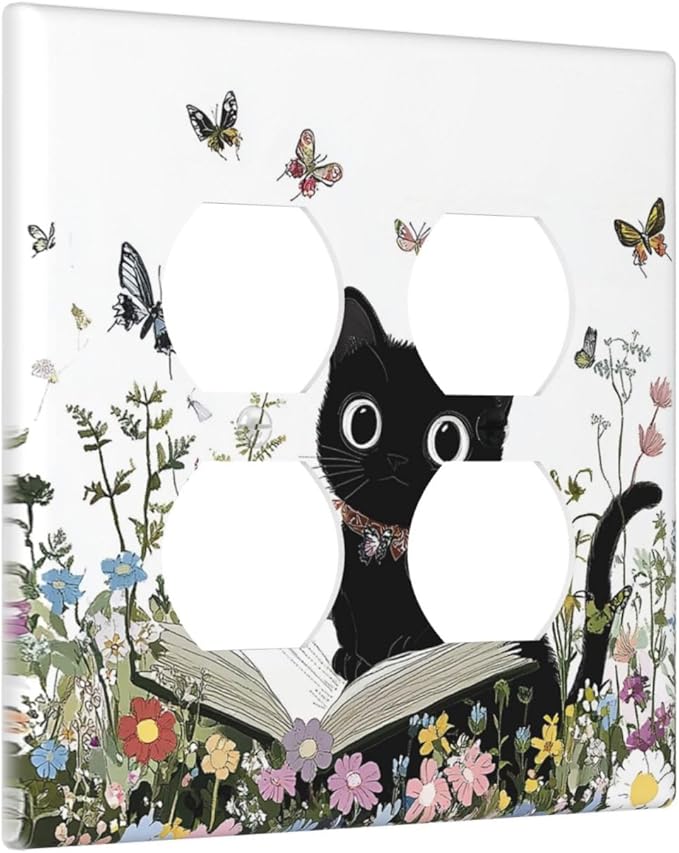 Outlet Covers Cute Cat Wildflowers Boho Flowers Floral 2 Gang Double Duplex Decorative Light Switch Covers Electrical Wallplates Socket Faceplate For Nursery Kids Room Decor