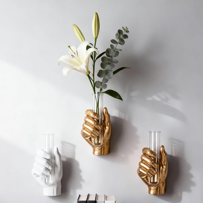 Gold Wall Hand Vase,Vintage Art Decor,Life-Size Hand Sculpture with Glass Test Tube Vase,Unique Wall Art Statue for Indoor or Outdoor,Maximalist Boho Whimsical Decor, for Women
