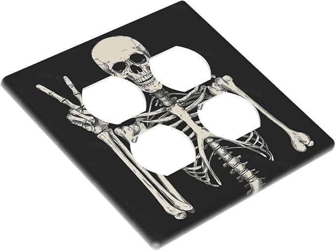 Outlet Covers Skeleton Skull Boho Hippie Dark Background 2 Gang Double Duplex Decorative Light Switch Covers Electrical Wallplates Socket Faceplate For Cabin Office Decor