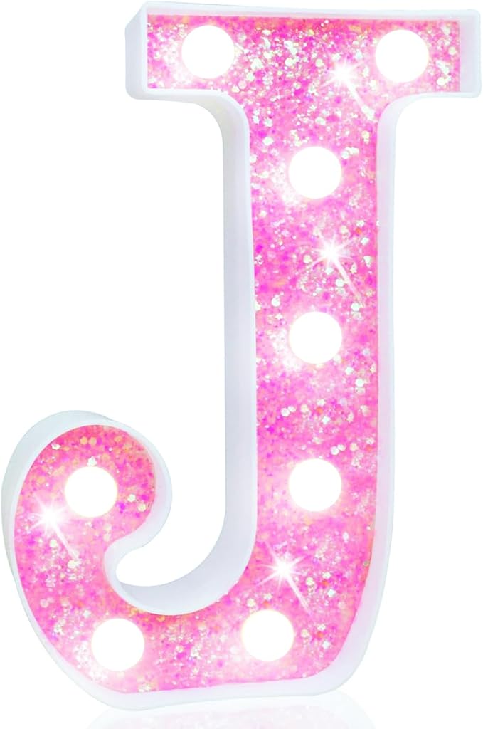 Pooqla LED Marquee Letter Lights, Light Up Letters for Birthday Decorations, Glitter Letter Sign Battery Powered Night Light Pink Party Wedding Christmas Girls Gift Bedroom Dorm Decor, Cool White J