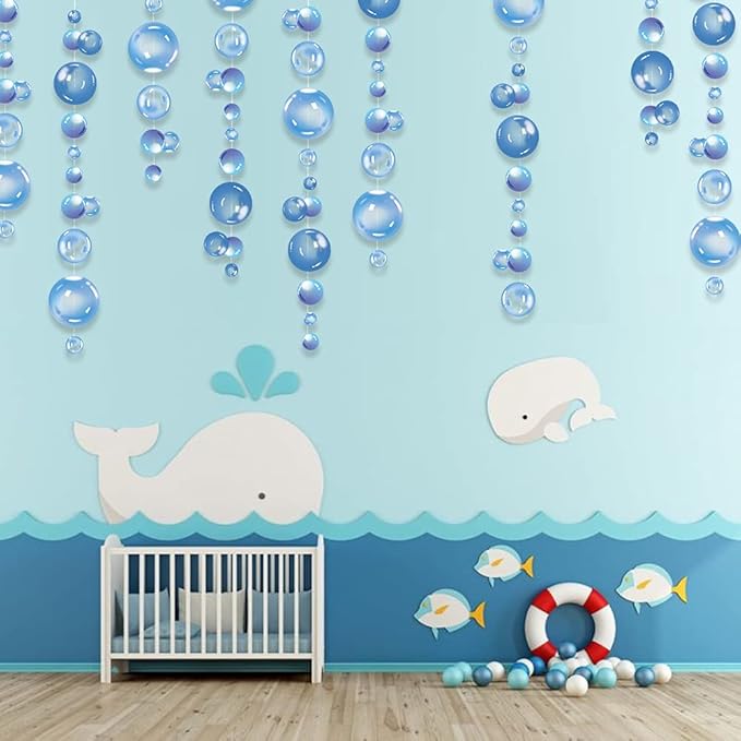 Transparent Bubble Garlands Mermaid Party Decoration Colored Blue Flat Cutouts Hanging Streamer for Birthday Baptism Wedding Ocean Wall Decal Baby Shower Under Sea Festal Kid Room Photo Props (Blue)
