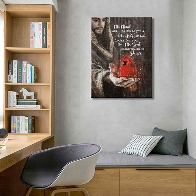 Jesus Cardinal Canvas Wall Art God Christian Decor Red Birds Cardinal Pictures Wall Decor Dining Room Bedroom Office Church Prayer Room Poster Prints Painting Artwork Home Decorate