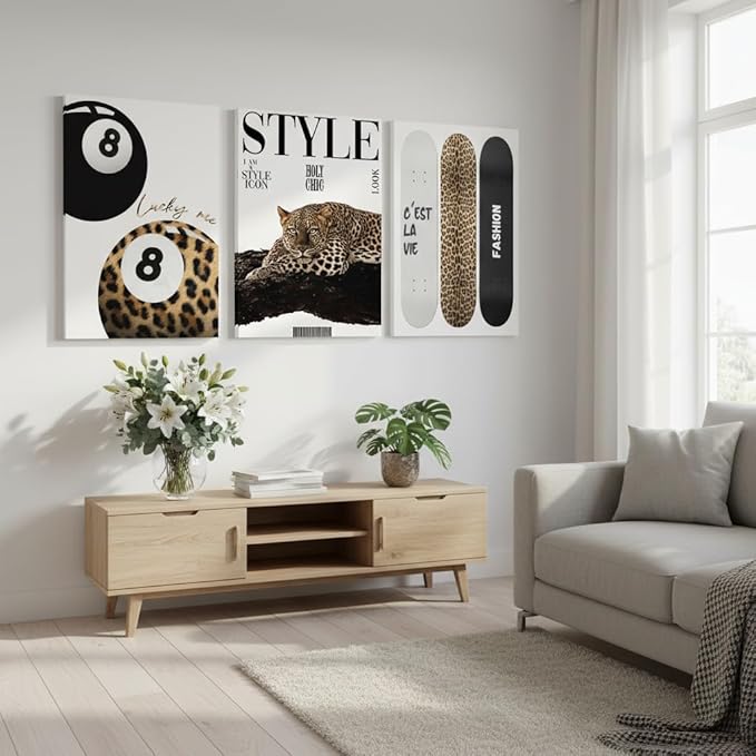 3Pcs Trendy Leopard Canvas Wall Art Preppy Aesthetic Stylish Leopard Painting Picture Wall Decor Funky Lucky 8 Ball Cheetah Poster Print Artwork for Bedroom Living Room Bathroom Home Decoration