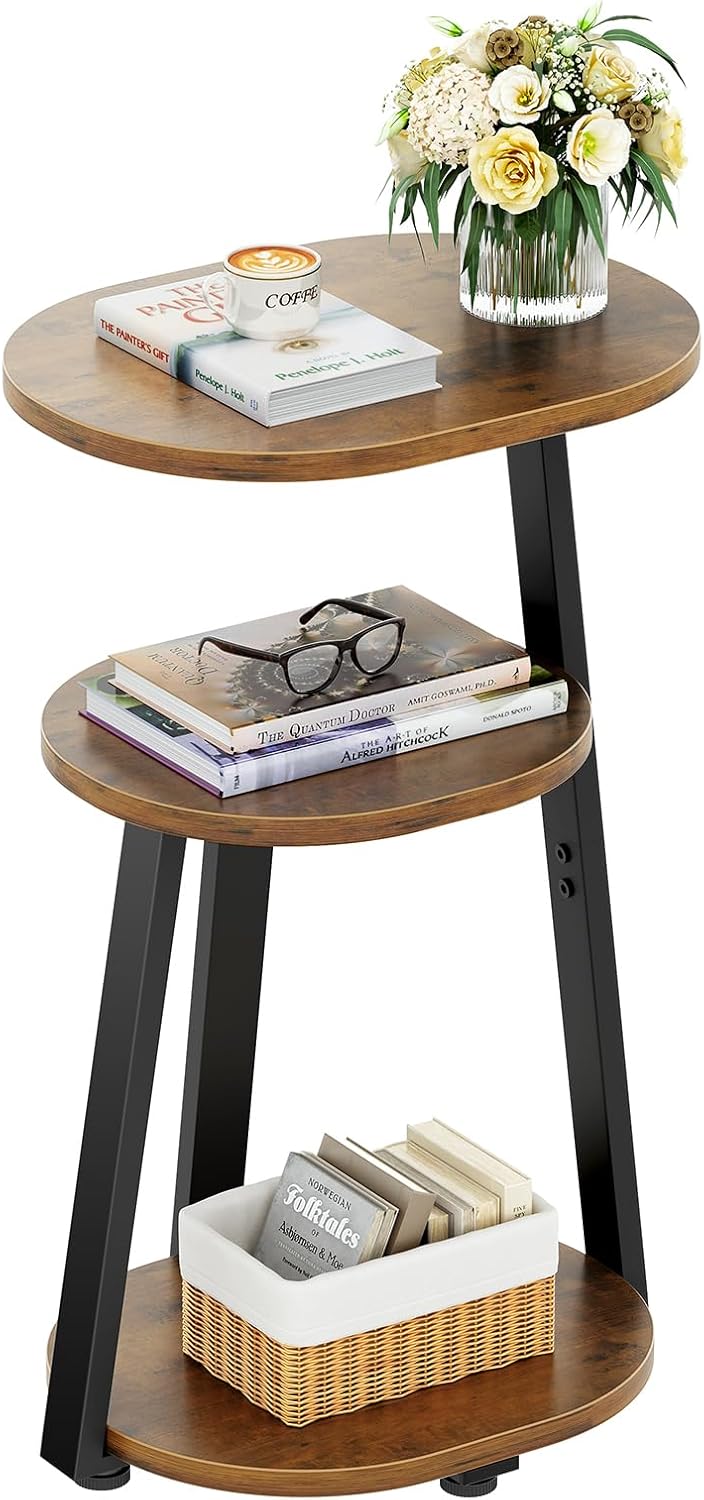 Side Table, Small End Table with Metal Frame, 3-Tier Bedside Tables, Round Side Tables for Living Room Bedroom Couch Bathroom, Oval, Vintage Brown