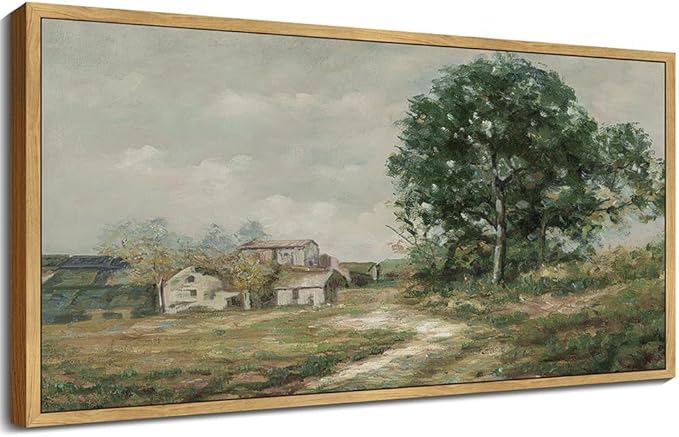 SHENIFY 20x40in Extra Large Vintage Framed Wall Art Rustic Country Road Landscape Painting Retro Countryside Scenery Farmhouse Bedroom Above of Bed Living Room Decor - Natural Framed