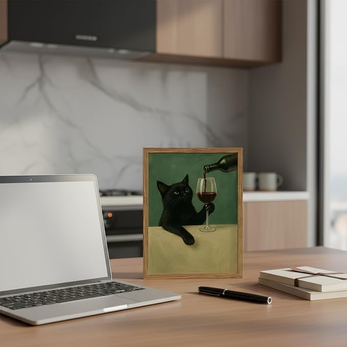 Funny Black Cat Wall Art 8x10 Inch Moody Black Cat with Wine Glass Canvas Wall Decor Whimsical Animal Bar Cart Poster Canvas Prints for Bathroom Kitchen Bar Wood Framed