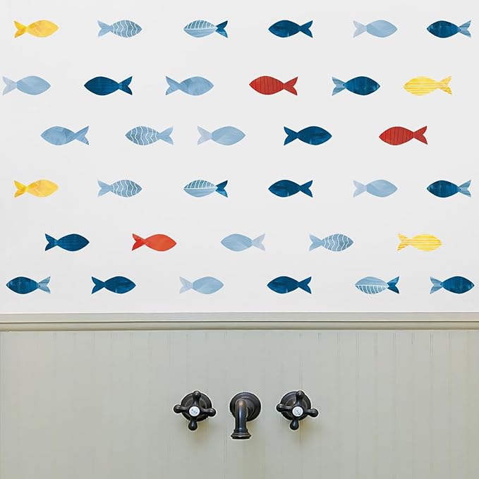 80 Pcs Creative Ocean Fish Wall Decals, Peel and Stick Blue Fish Wall Stickers, Vibrant Sea Life Watercolor Fishing Wall Decor for Kids Room Nursery Bedroom Playroom Classroom